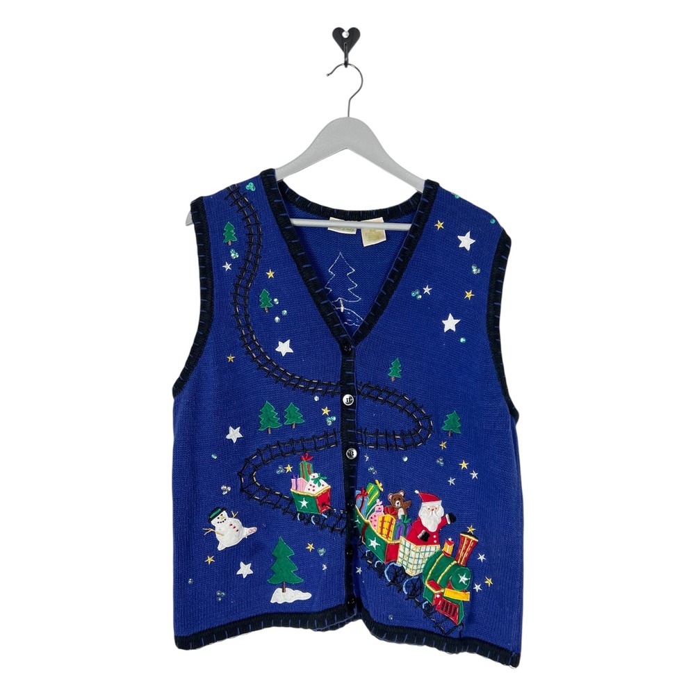 Vintage Christmas Train Sweater Vest Blue Santa Snowman Beaded Applique Large